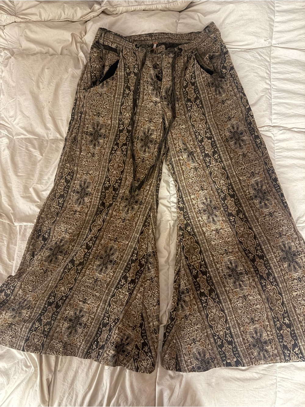 Free People Brown Patterned Wide-Leg Boho Pants
